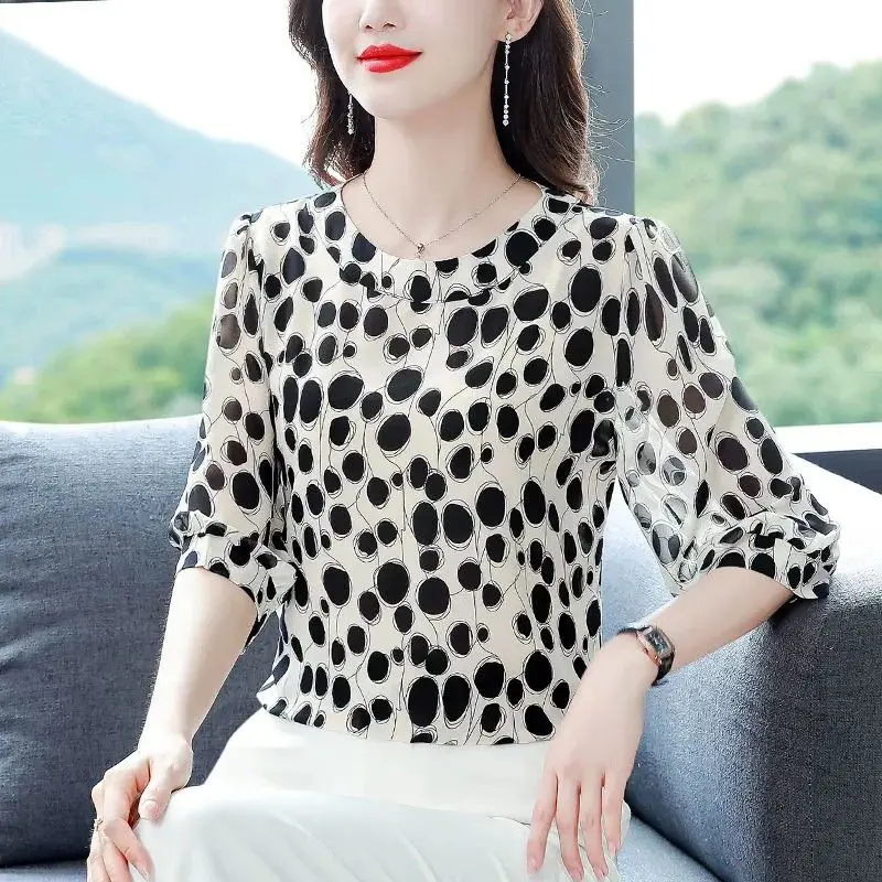 Summer New Round Neck Half Sleeve T-shirt Women Fashion Polka Dot Printing Loose Pullovers Korean Style Thin Style Ladies Tees