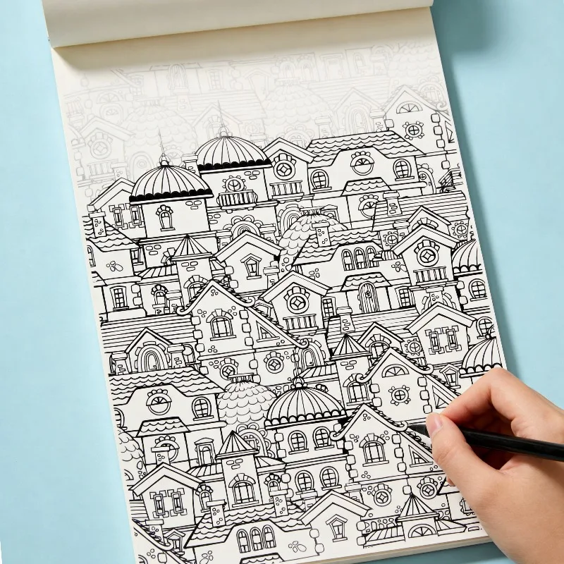 A Multi Scene Healing Coloring Book, and Themes Such As Small Town Seascapes, Mandalas, and Space Girls, Fine Line Coloring Book