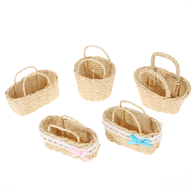 Mini Handmade Woven Basket Rattan Frame Cute Basket Dollhouse Toy Doll Miniature Decoration