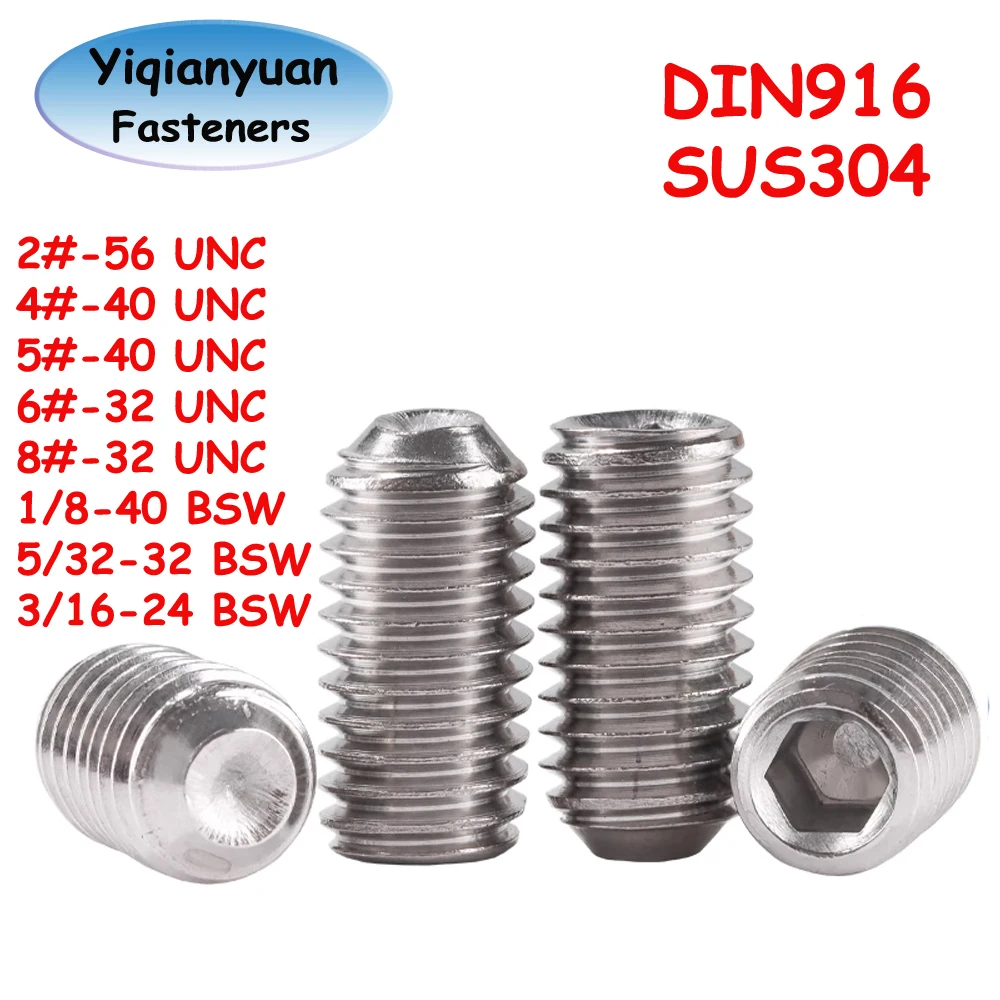 Yiqianyuan 2# 4# 5# 6# 8# UNC 1/8'' 5/32'' 3/16'' SUS304 Stainless Steel Hex Socket Set Screws With Cup Point Headless Screws