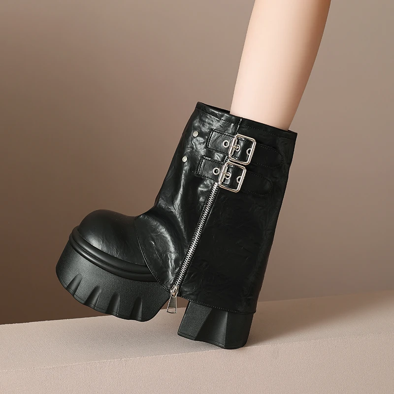 

New 7cm Punk Style Platform Thick Bottom Women Mordern Boots Fashion Button Combination Splicing Height Increase Short Booties
