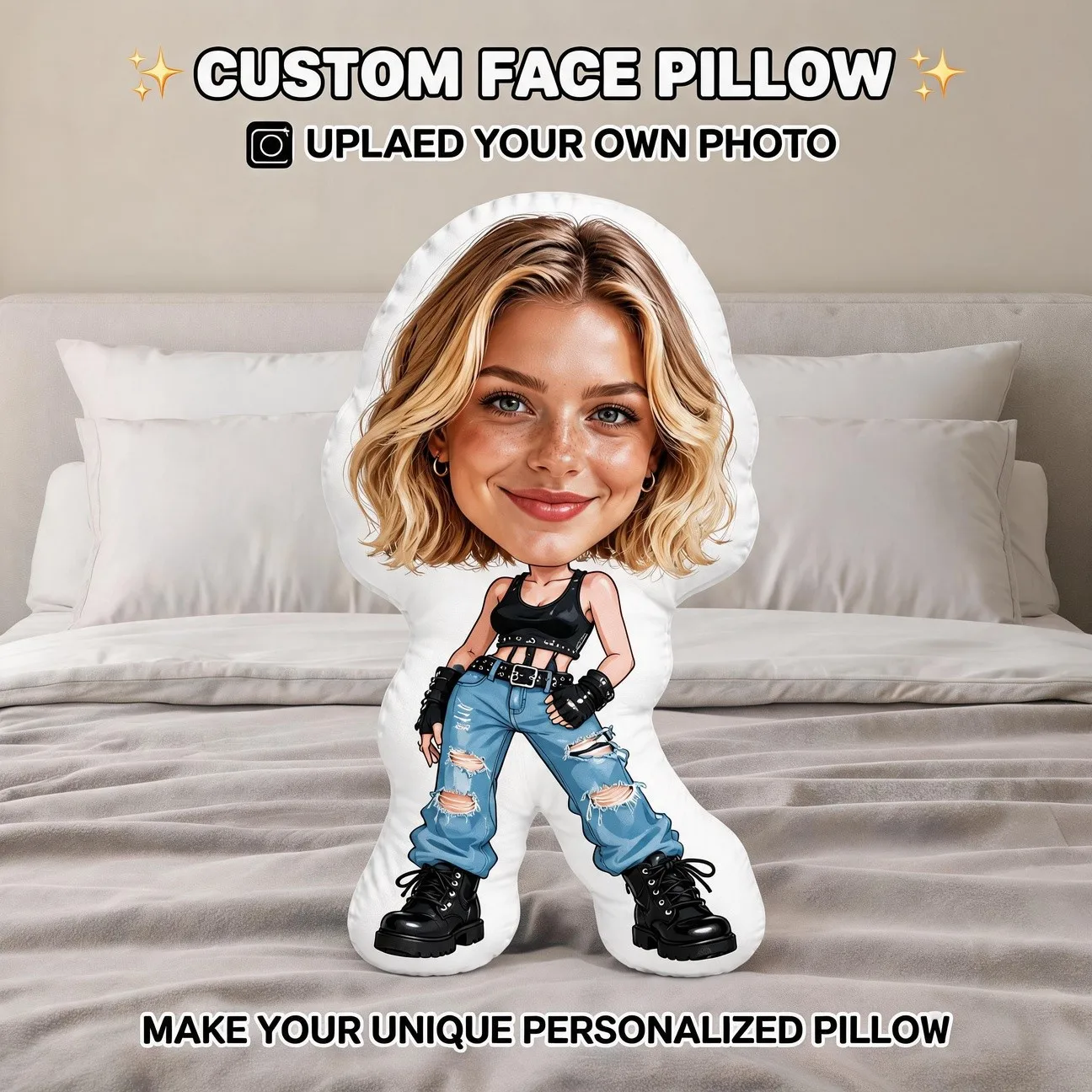 Customized personalized photo face pillow, fun cartoon style irregular decoration pillow, unique home decoration embellishment,