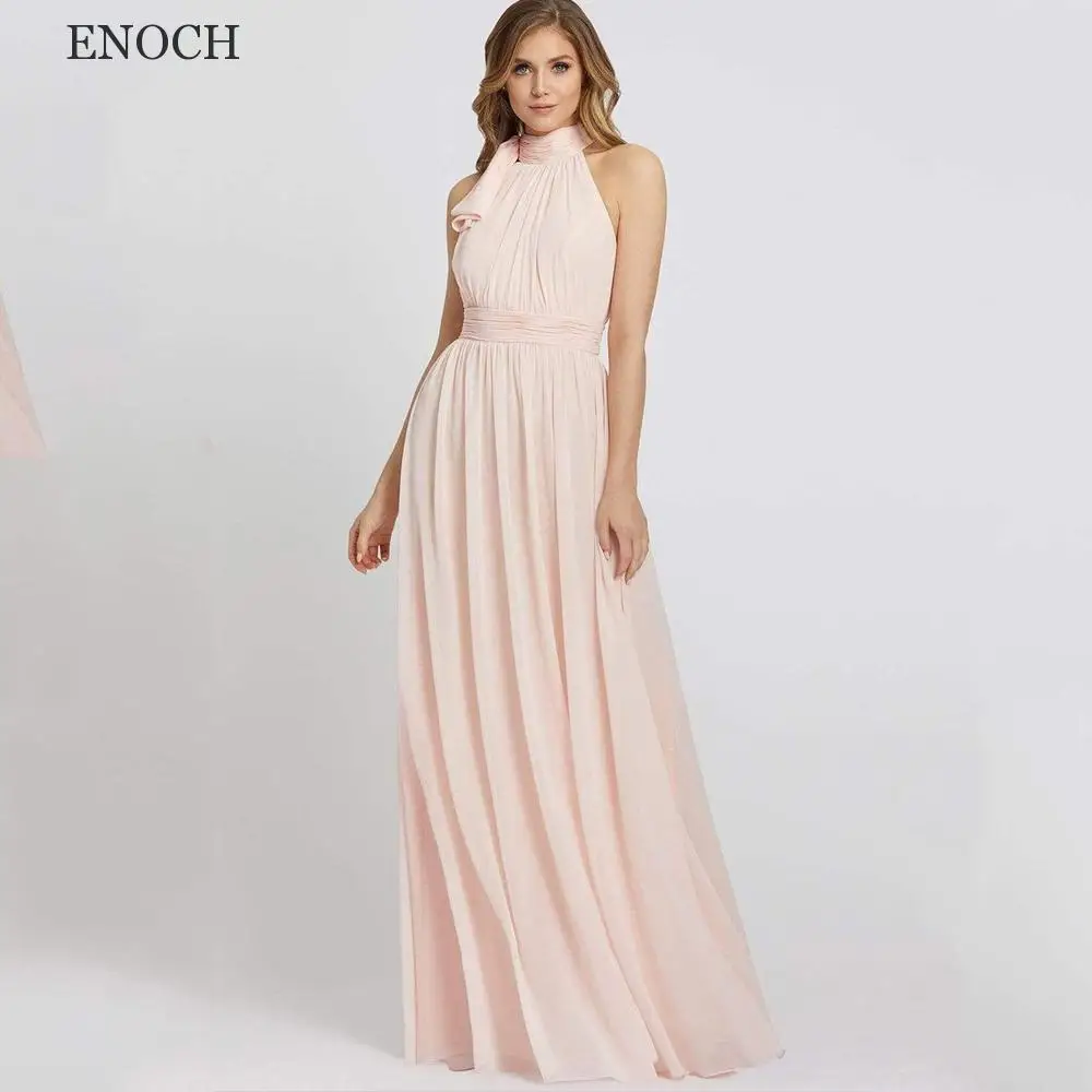 Enoch elegante halter chiffon vestidos de baile sem mangas ruched a linha vestidos de festa feitos sob encomenda verão roupões de soirée trem varredura