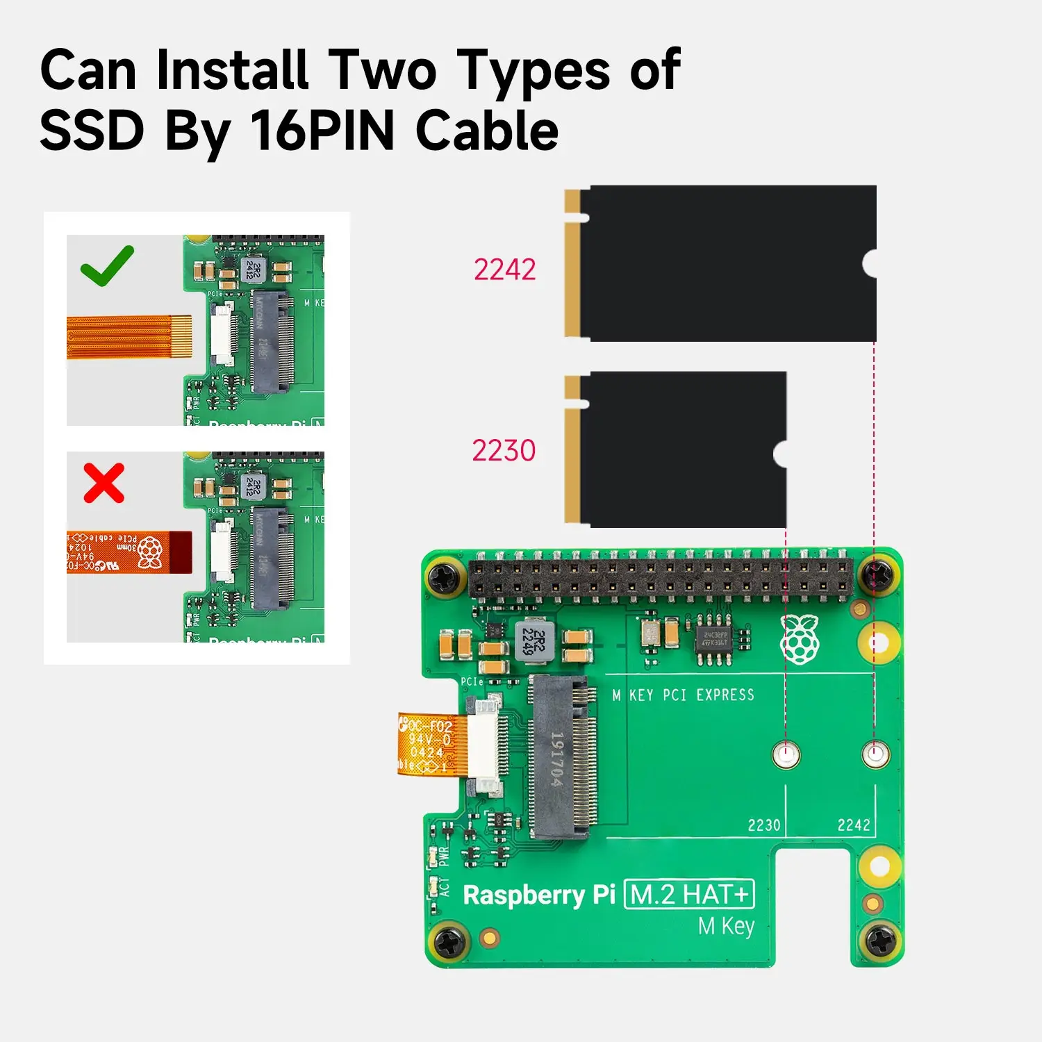 Official Raspberry Pi 5 M.2 HAT+ Gen2 Gen3 NVME M.2 SSD 2230/2242 Size Solid State Drive Support Active Cooler for RPi 5