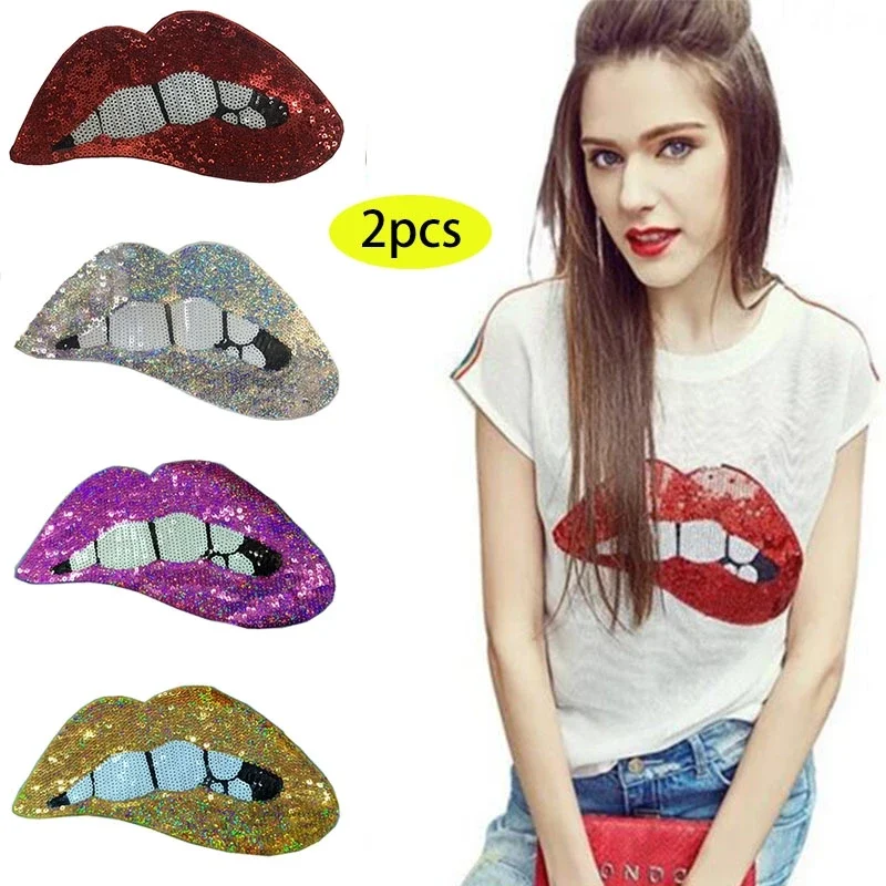 2 PCS Sexy Red Mouth Patches Embroidered Sew on Applique Lip Sequins Patches for Clothing Jackets DIY Decoration, 5.5*11inch