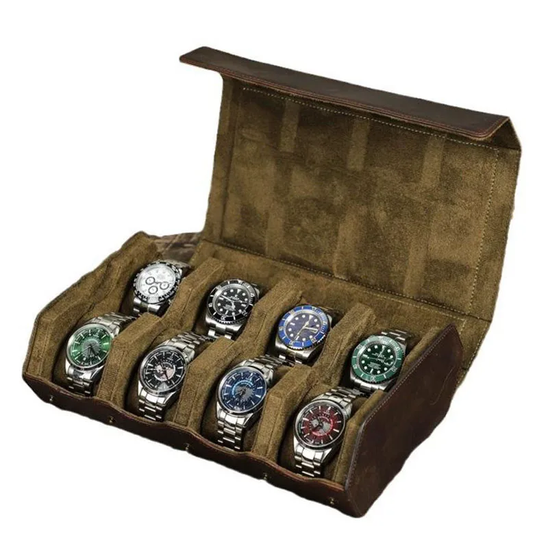 Boîte de rangement pour montres en cuir véritable vintage à 8 emplacements, organisateur portable pour collectionneur de montres, support pour montres pour hommes