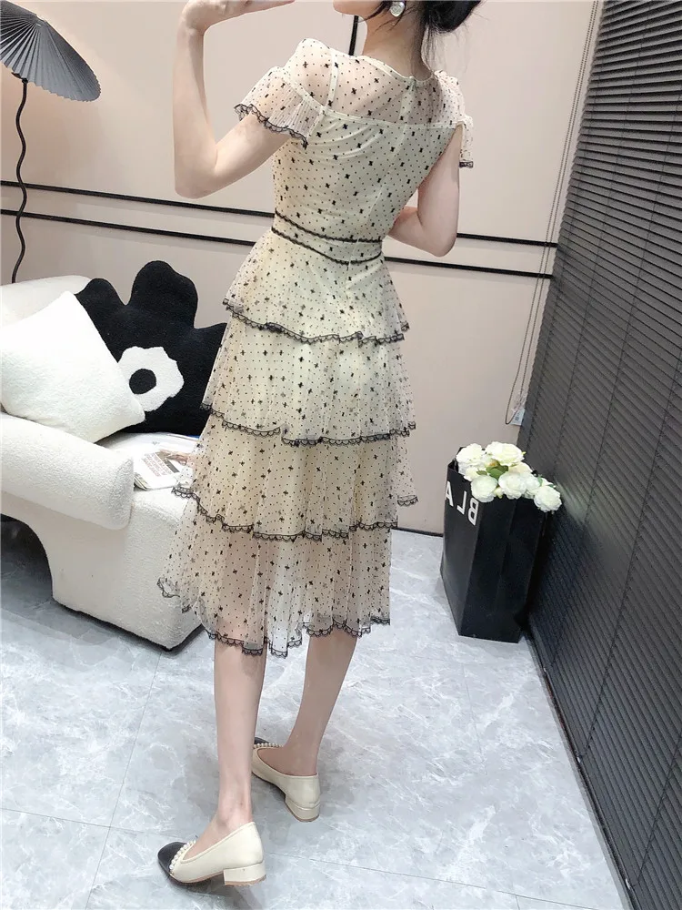 New Arrival Women\'s Summer Dress Sweet Bowknot Slim Mid-length Vestidos De Mujer Flocking Dot Printing Layer Ruffle Party Dress