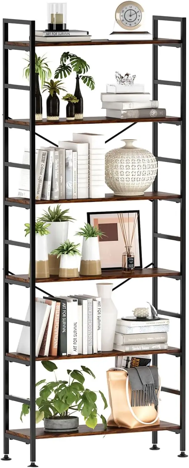 

6-Tier Adjustable Tall Bookcase, Rustic Wood and Metal Standing Bookshelf, Industrial Vintage Book Shelf Unit, Open Back Modern