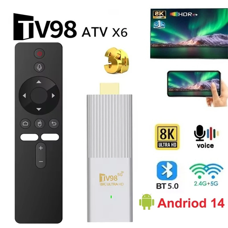 8K Android 14 Top Box TV Stick Allwinner H313 Quad Core BT5.0 Dual band WIFI Set-Top Box with Smart Voice control Remote Control