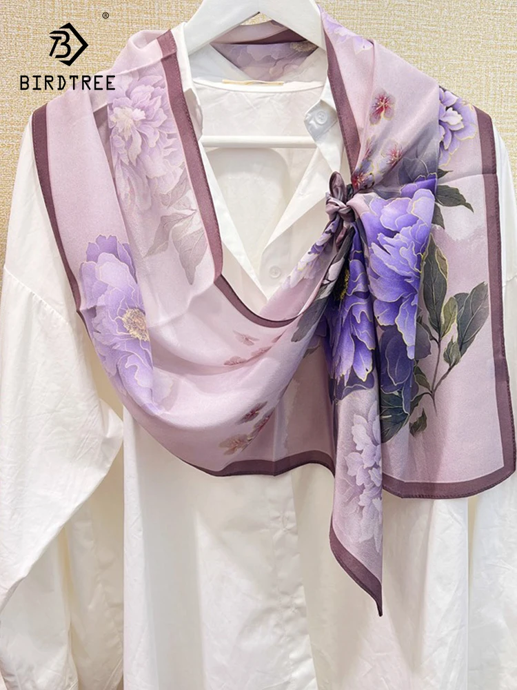 

Birdtree 100%Mulberry Silk Multifunctional Temperament Scarf Versatile Sunscreen Women's Purple Peony Commuting Scarf A3N864QC