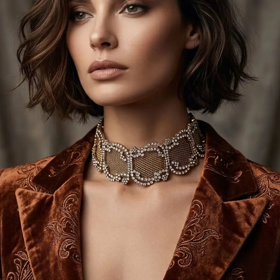 Fashion Retro Luxury Shiny Metal Mesh Spliced Choker Necklace for Party