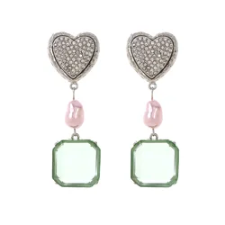 Metal Square Resin Heart Rhinestone Geometric Dangle Earrings Women's New Simple Elegant Design Jewelry Party AccessoriesZAA