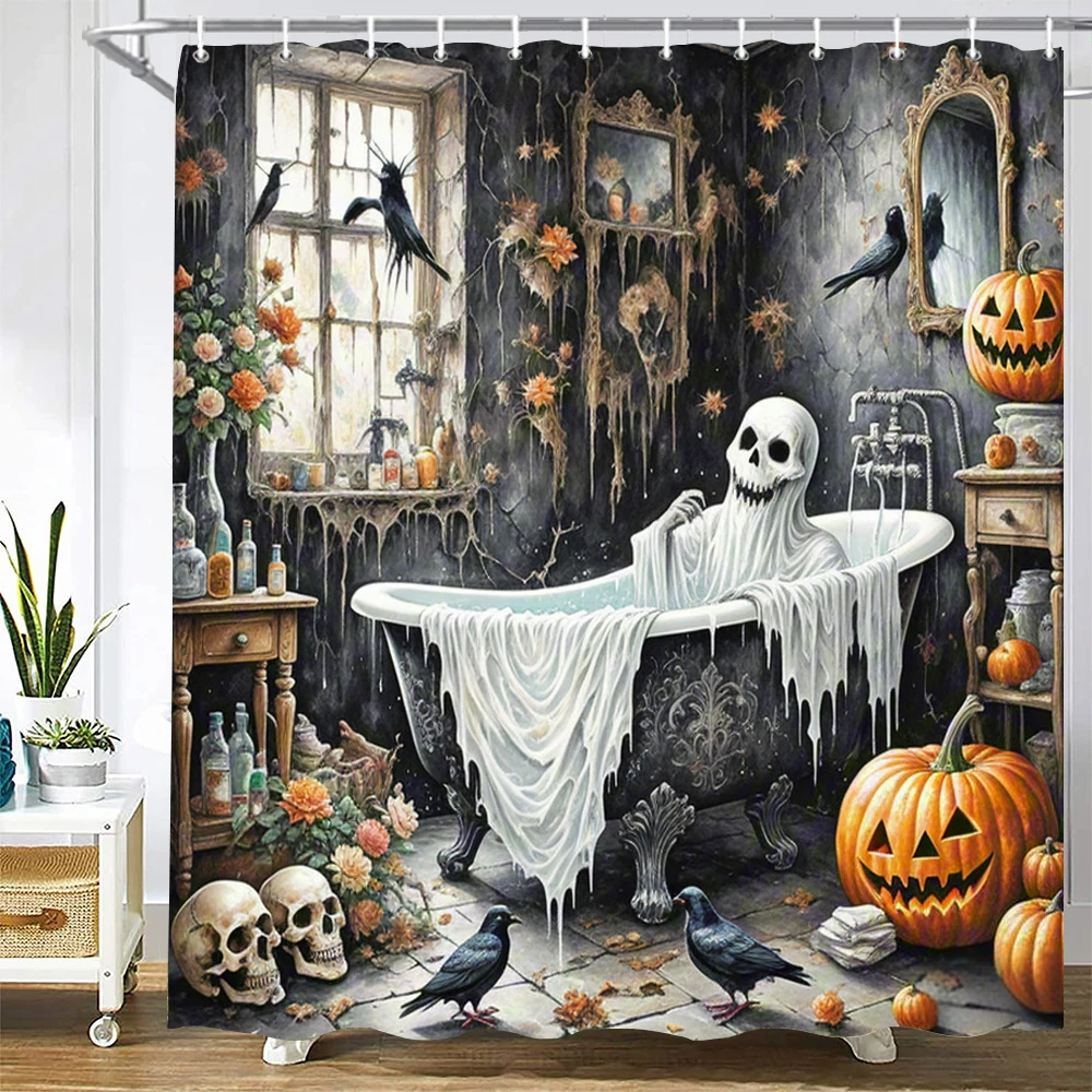 

Funny Halloween Shower Curtain Waterproof Bathroom Curtain Horrible Wacky Skeleton, Ghost, Dark style home Decorative Curtain