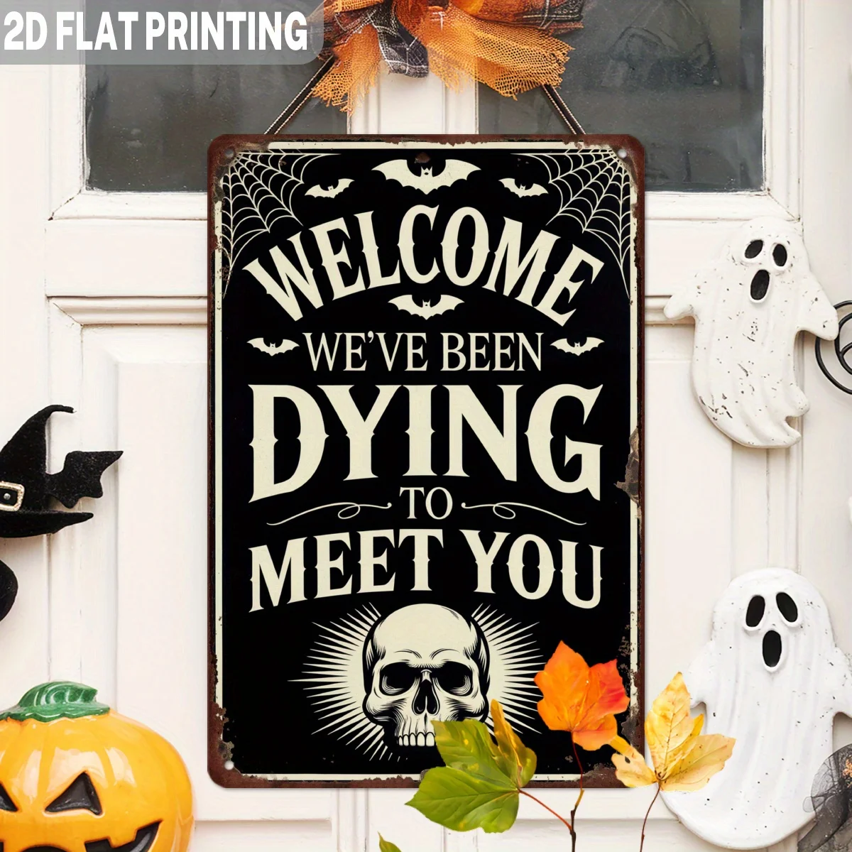 2D Flat - A 2D Flat Metal Sign Featuring a Skull And Bats, Perfect for Halloween. This Vintage-Style Wall Decoration Is Ideal fo