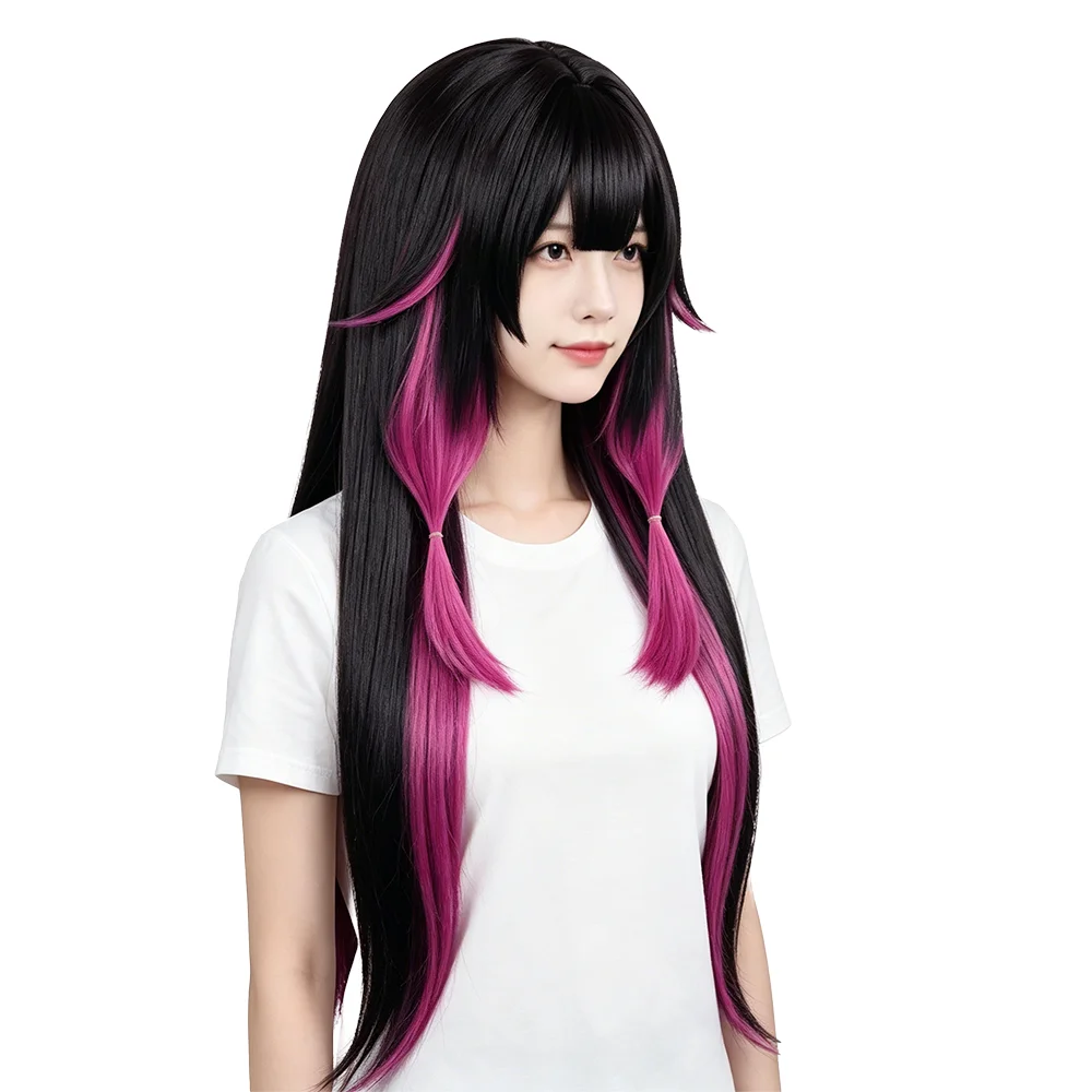 Long Straight Black Rose Pink Gradient Wig With Bangs Heat Resistant Synthetic Natural Hair For Columbina Cosplay Daily Party
