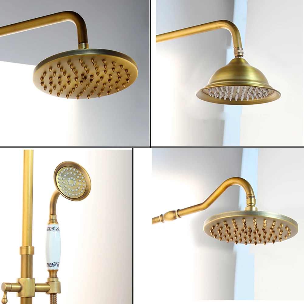 SINLAKU Antique Brass Bathroom Shower System Set Rainfall Top Spray Handheld Shower Faucet W/ Storage Shelf 3 Function Showers