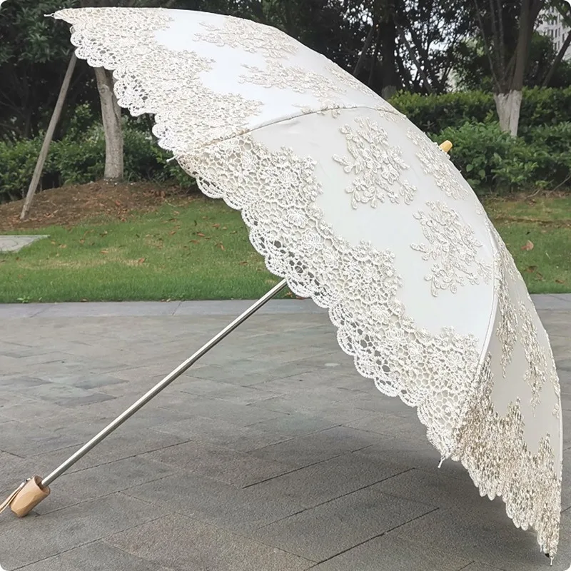 Beige Lace Embroidery Umbrella for Women, Retro, Classic, Black Coating, Dual Folding, UV Protection, Sun Umbrella