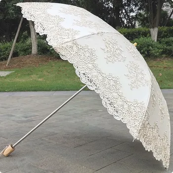 Beige lace embroidery umbrella for women, Retro, classic, black coating, double folding, UV protection, sun umbrella