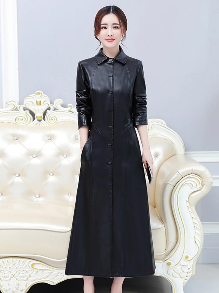 Cappotto in Vera Pelle Haining da Donna, Lunghezza Media Sopra il Ginocchio, Stile Coreano, Vestibilità Slim, Taglie Grandi, Imbottito in Cotone, in Pelle di Pecora