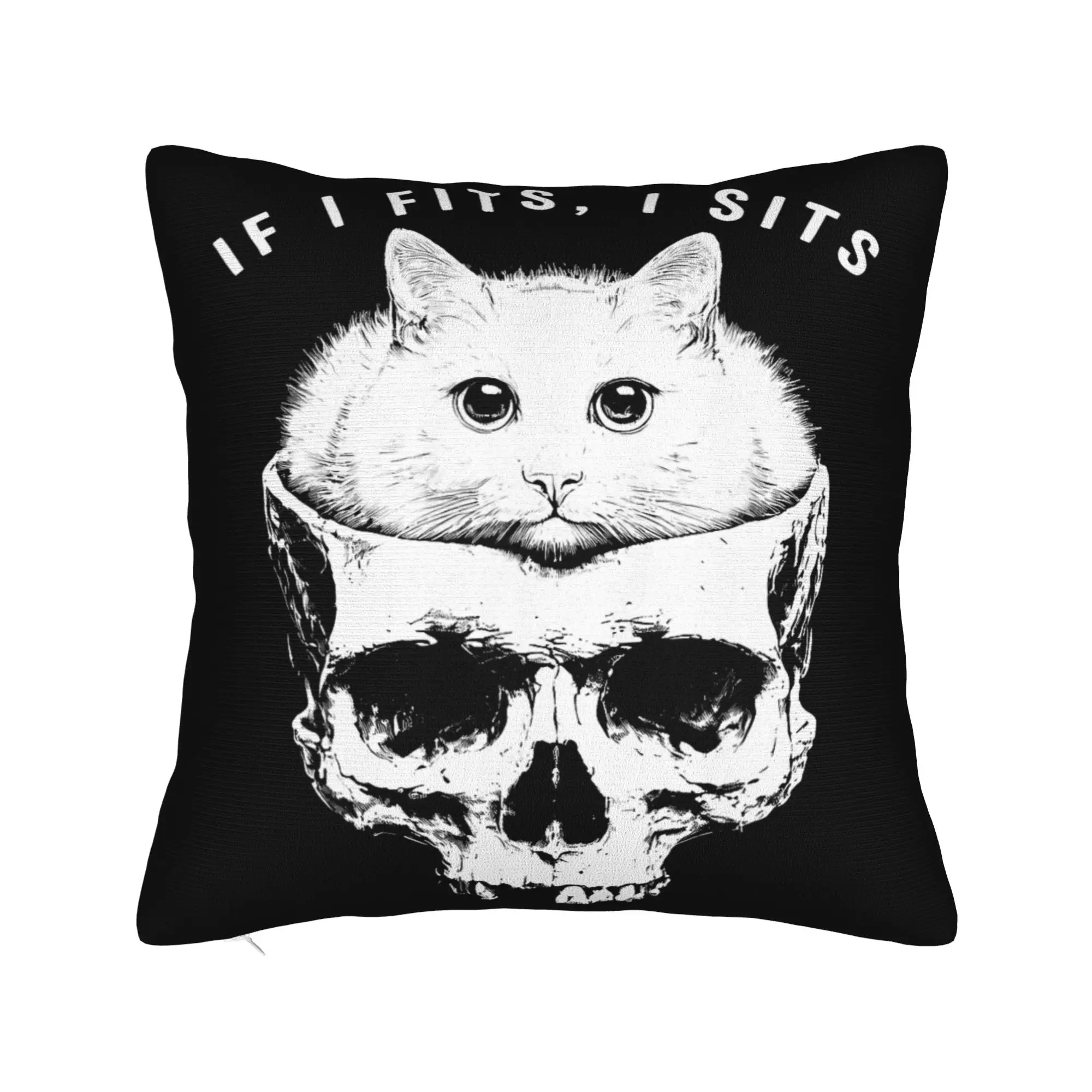 Pillow Cover If I Fits I Sits Black Cat Skull Gothic Dark Humor  Novelty Pillow Case For Sofa Couch Bed Living Room Pillowcases