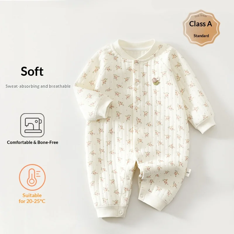 Baby Open-Front Quilted Jumpsuit, Thick Warm Long-Sleeve Romper, Cozy Sleepwear for Newborns & Infants