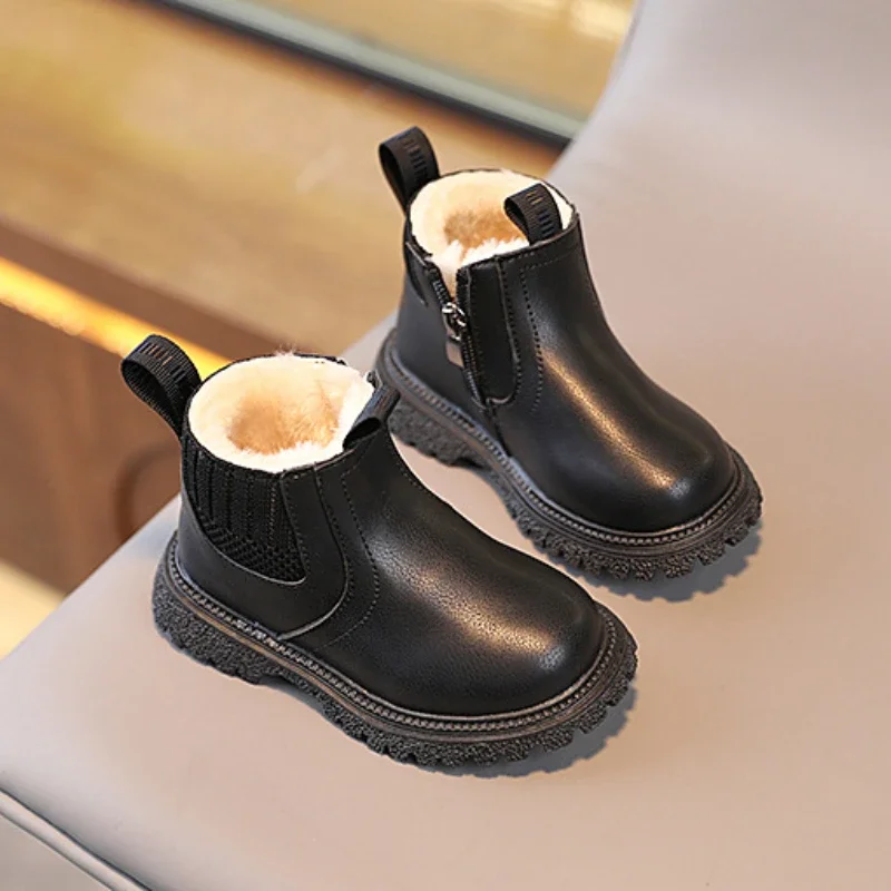 Children\'s Boots for Boys Girls Fashion Children Ankle Snow Boots Chelsea Boots Sole Autumn Warm Winter Side Zipper Kids Shoes