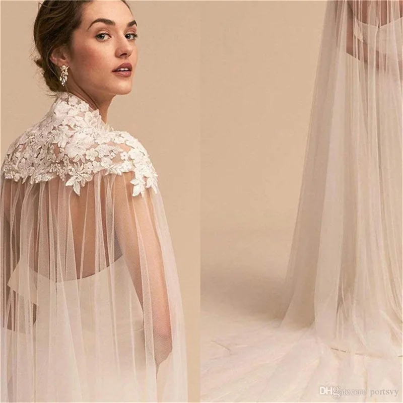

Lace Decal Stand Collar Mesh Shawl Transparent Cloak Buttons Decorative Small Tail Bride Embroidered Lace Shawl Long Wrap