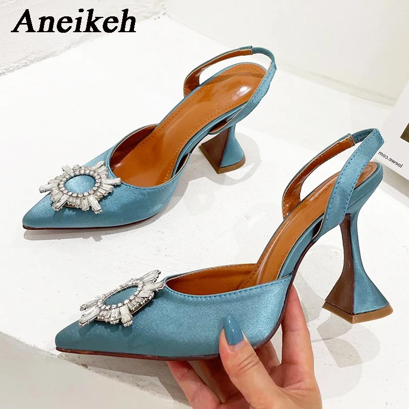 Aneikeh Brand Women Silk High Heels Luxury Crystal Butterfly Knot High Heels Summer Pointed Shoes Triangle Heeled Bride Pumps