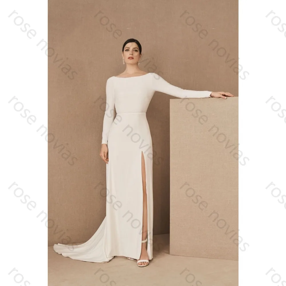Customized High Quality Simple White Crepe Wedding Dress Scoop A-line Slit with Lace for Floor-length for Civilian and the Bride