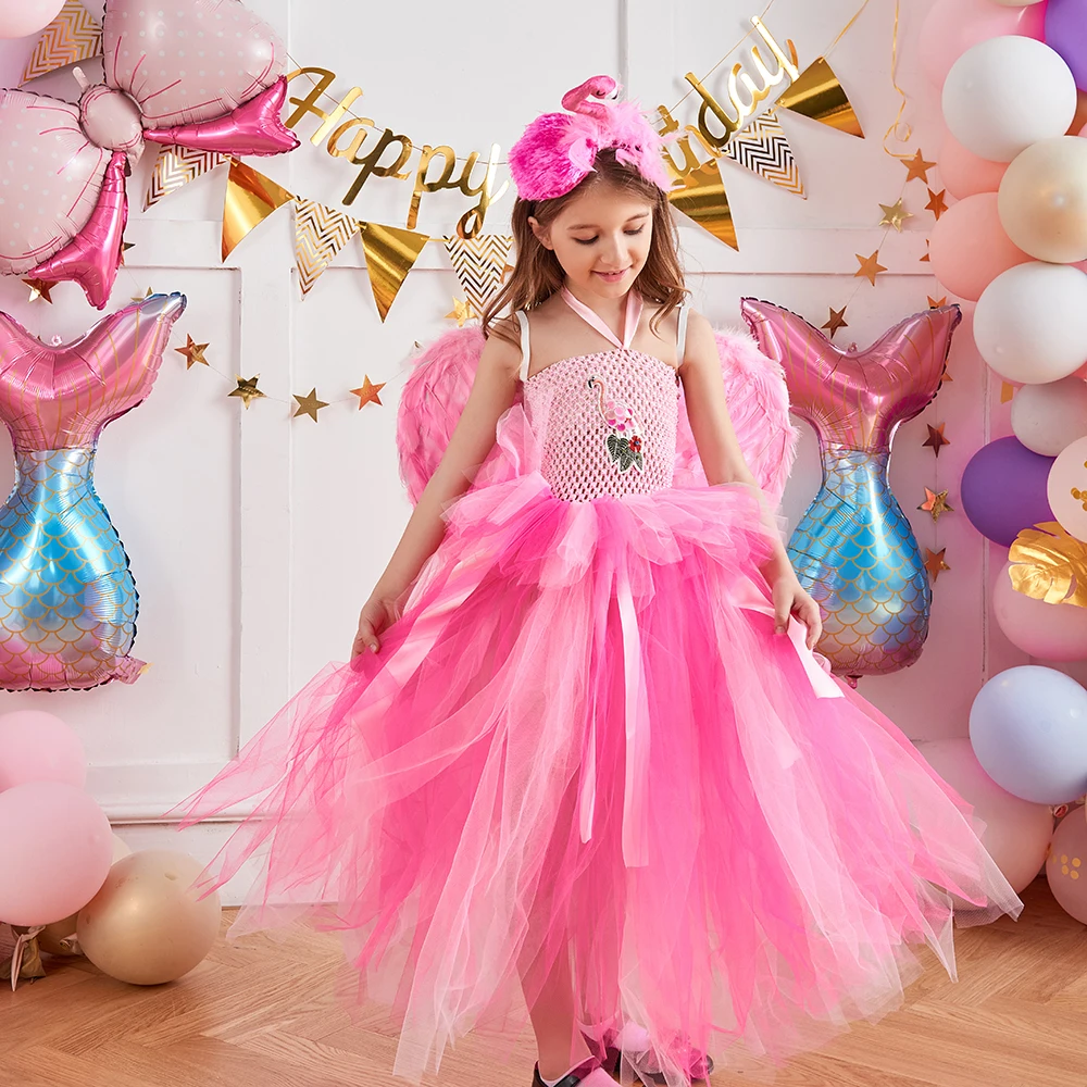 Graceful Flamingo Tutu Dress with Headband Wing Girls Long Bird Feather Fancy Costume Kids Birthday Party Princess Gown Dresses