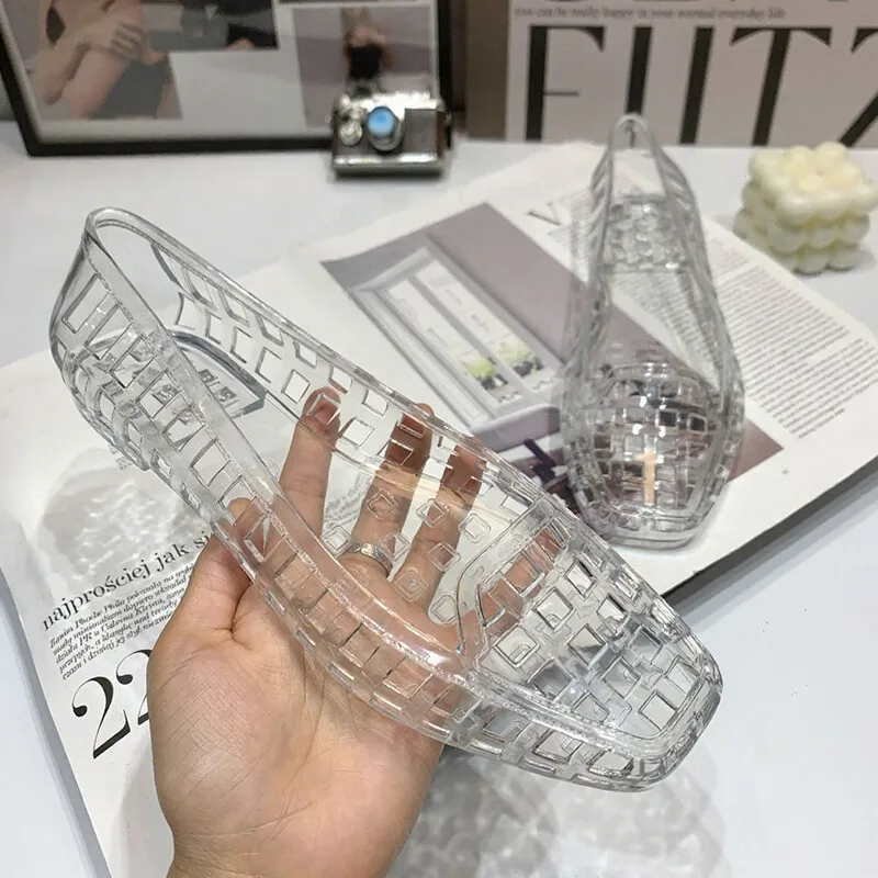 

Transparent Crystal Jelly Shoes Hollow out Transparent Lazy Flat Sandals Summer Women Casual Crystal Shoes Leisure Footwear New