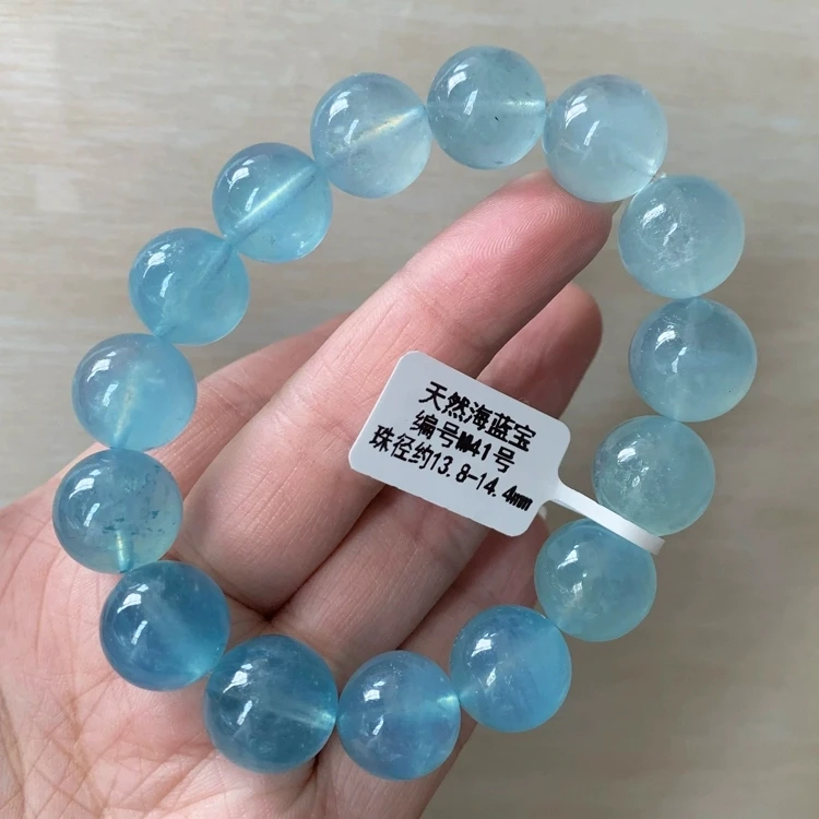 Natural Blue Aquamarine Clear Round Beads Bracelet Women Men Gift Fashion Brazil Rainbow White Blue Aquamarine Jewelry AAAAAA