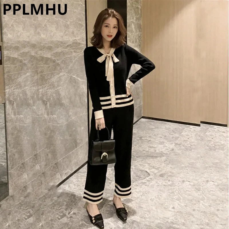 Elegant Bow Tie Knitted Two Piece Set Women 2022 Fall Korean Long Sleeve Cardigan Tops Outfits And Capris Wide Leg Pants Suits