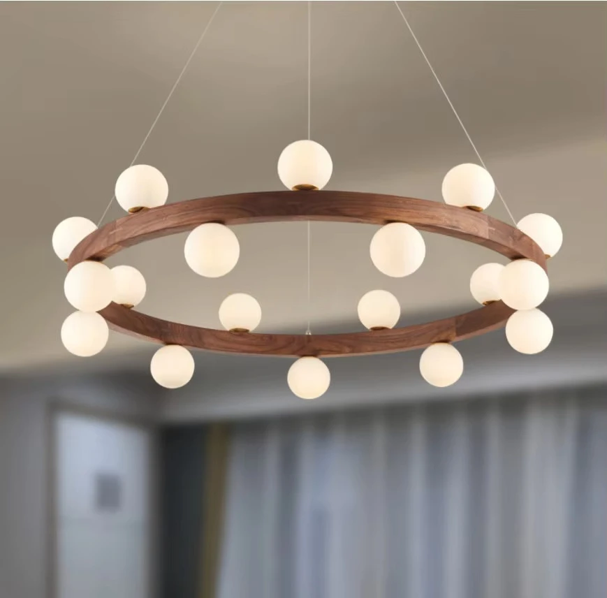 White Glass Ball Walnut Pendant Chandelier Living Dining Room Solid Wood Magic Bean Molecule Indoor