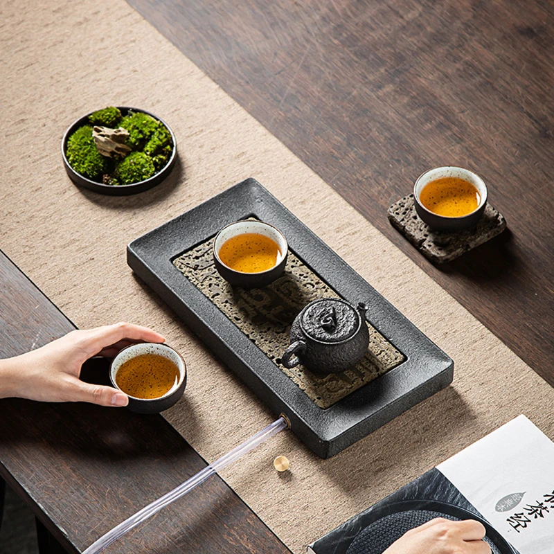 Stone Tea Tray Modern Chinese Design Phoenix Pattern Rectangular Plate with Drainable Home Decor Antiques Gongfu TeaSet Tray