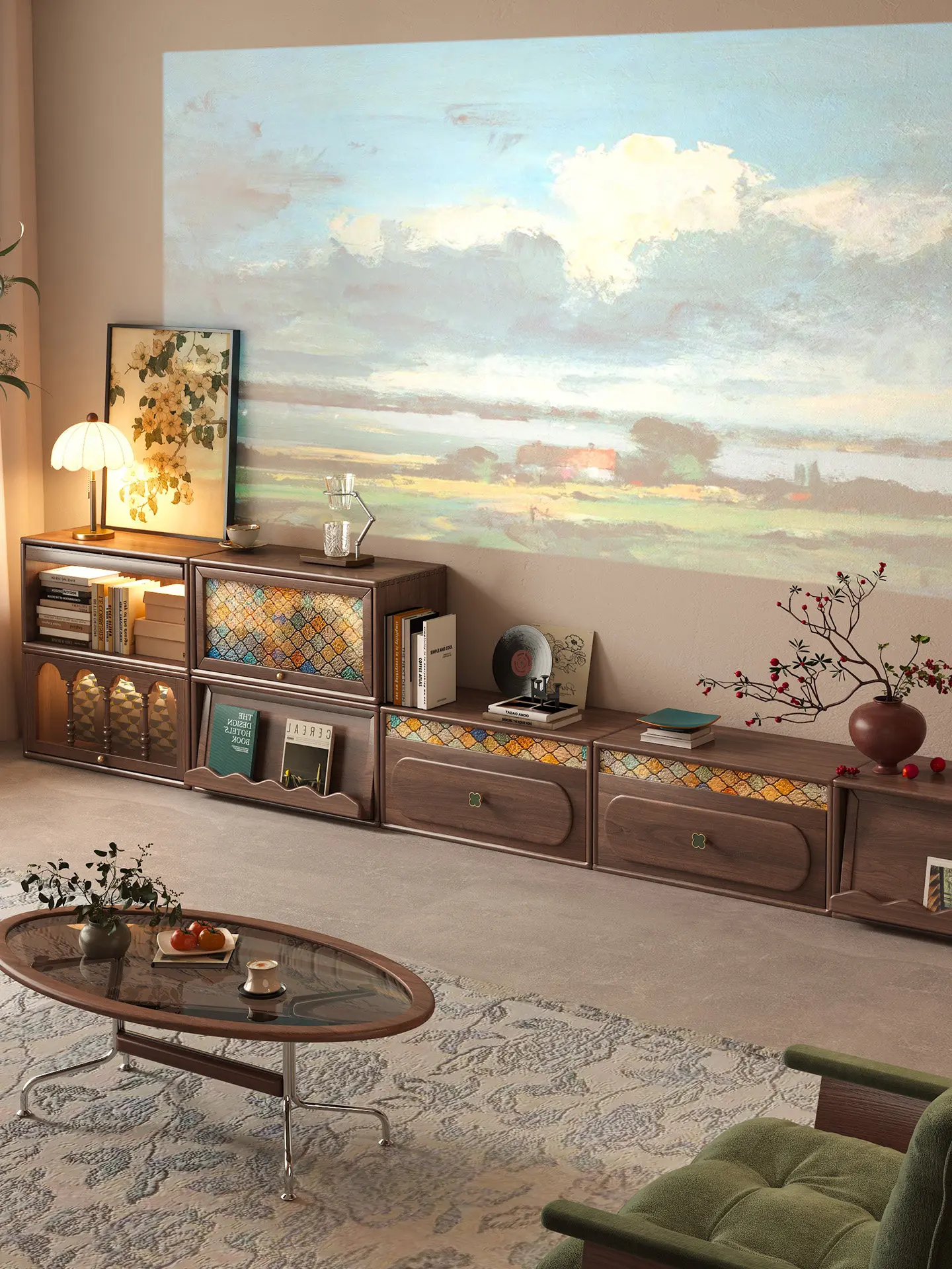 TV cabinet medium antique solid wood living room bookcase French advanced module storage floor combination cabinet
