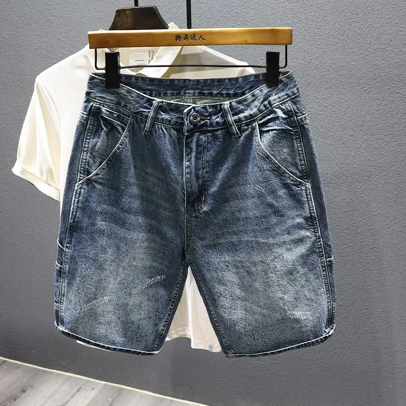 2025 Summer New Denim Shorts Men's Fashion Scratched Pants Trendy Brand Heavy Washed Five-point Pants Bermuda Shorts for Men