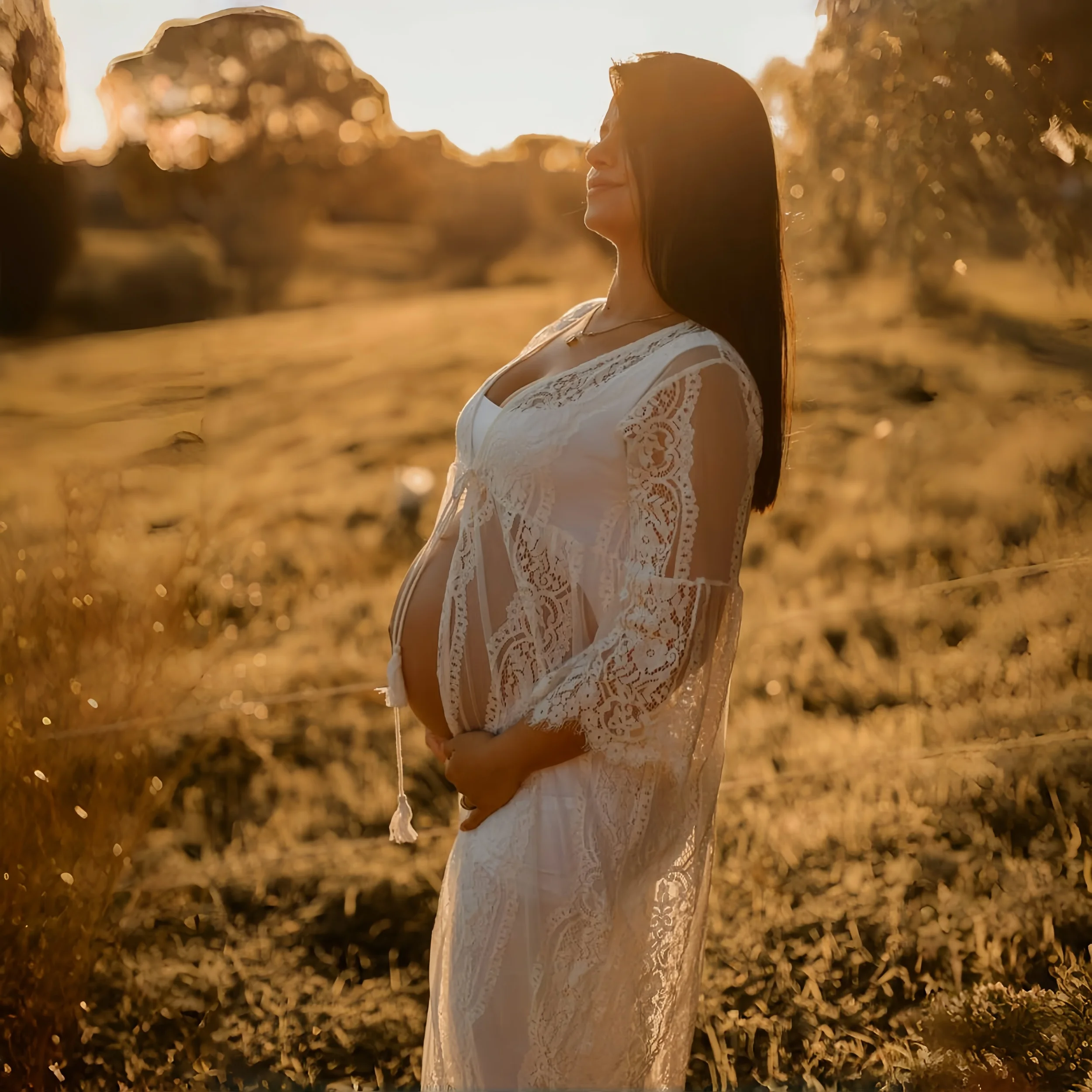 2025年夏 マタニティ レース ビーチドレス まつげレース 妊婦さん フォトシュート ロングドレス カーディガン