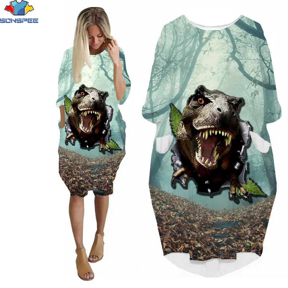 Sonspee 3D Print Zomer Vrouwen Knie Lengte Korte Mouwen Dinosaurus Dier Hoofd Casual Straat Losse Korte Mouw Pocket T-shirt Jurk