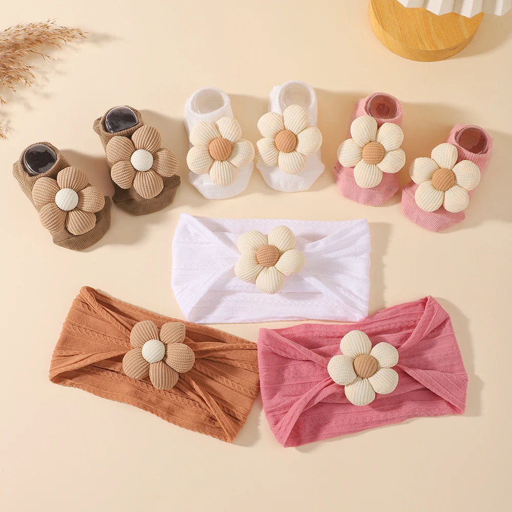 Kids Bows Headband Socks Set Lovely Cotton Flowers Headwear for Baby Girls No Harmful To Hair Gift Set