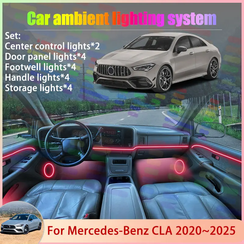 

Для Mercedes-Benz CLA MK2 2th C118 X118 2020 ~ 2025 2/18 в 1 автомобильная атмосферная лампа RGB абажур ансамбль стример атмосферный набор