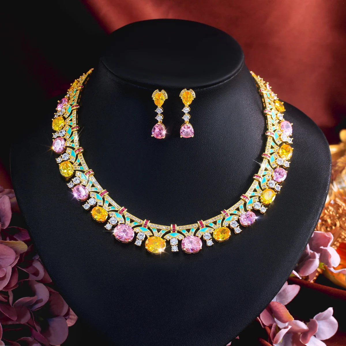 CWWZircons Gorgeous Boho Colorful Cubic Zirconia Drop Earrings Necklace Sets for Women Enamel Wedding Engagement Jewellery T1015