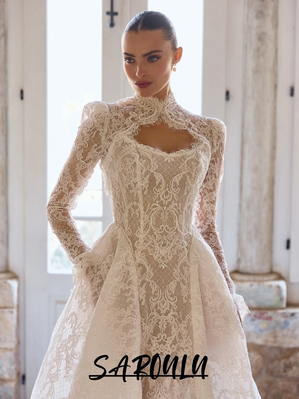 Detachable Long Sleeve Lace Wedding Dress Delicate Pearl Embroidery A Line Bridal Gown Customized Elegant Corset Long Train Wear