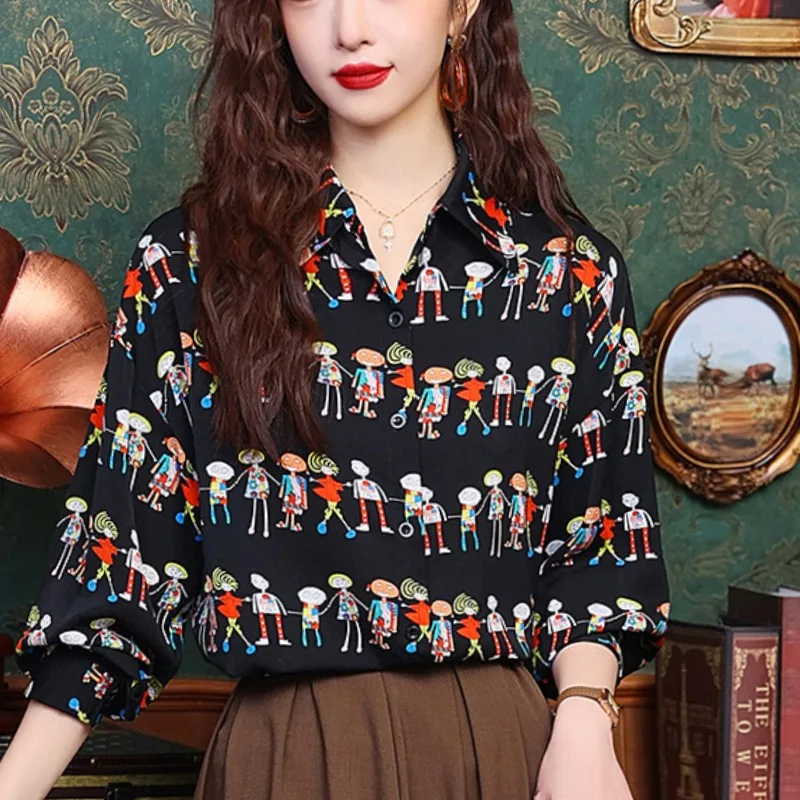 Temperament Casual Polo Collar New Summer Women\'s Commuting Printed Long Sleeved Loose Single Row Multi Button Chiffon Shirt Top