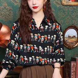 Temperament Casual Polo Collar New Summer Women's Commuting Printed Long Sleeved Loose Single Row Multi Button Chiffon Shirt Top