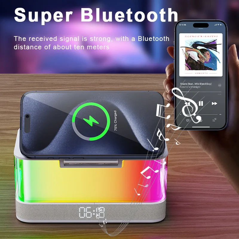 RGB สีสัน Night Light มัลติฟังก์ชั่นเพลง BT ลําโพงนาฬิกา 15W Magnetic 6 in 1 Wireless Charger ผู้ถือโทรศัพท์มือถือ