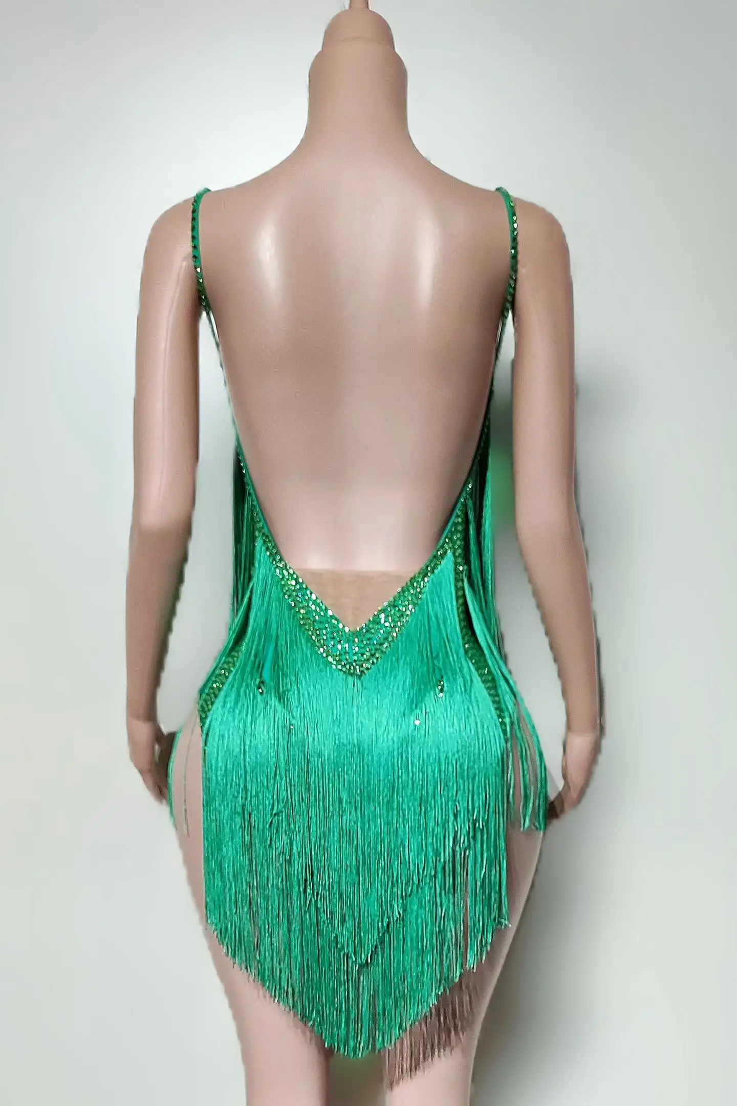 Sparkly Rhinestone Fringe Backless Sexy Low-cut Bodysuit Nightclub Party Tassel Latin Dance Drag Queen Performer Wear Qingguan