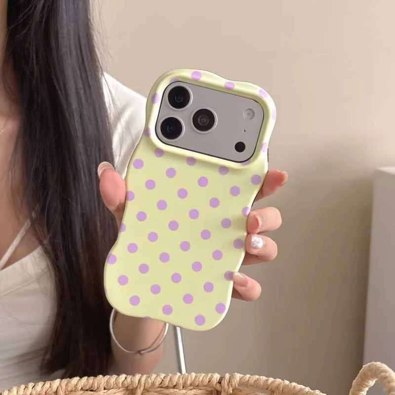 Kawaii Color Polka Dot Design Phone Case For iPhone 13 14 15 16 17 Pro Max Korea Ins Cute Dot Wave Edge Shockproof Back Cover ﻿