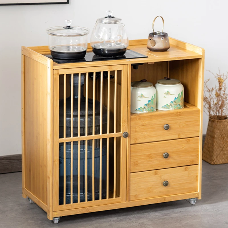 

Bamboo Rolling Cabinet, Simple Wood Table, Home Living Room Cart with Wheels, Water Boiler Integrated Cabinet