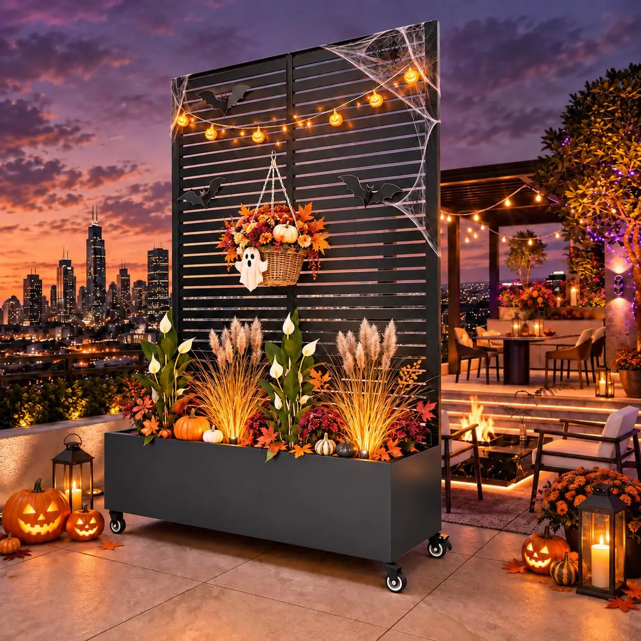 Metal Planter Box with Trellis,72"x47"x16"Galvanized Steel Outdoor Raised Garden Bed with Privacy Screen, Customized